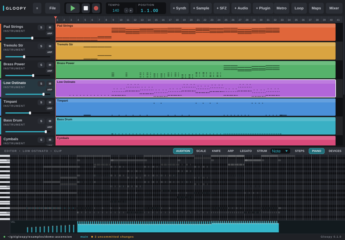 The Gloopy desktop app editing the "Ascension" demo: the busy Low Ostinato track is selected and open in the piano-roll editor — a dense field of notes over a piano keyboard, with a velocity lane below and the full colour-coded arrangement of eleven orchestral tracks above.